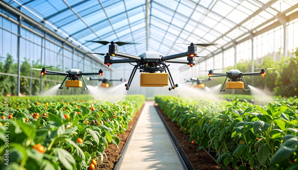Aufkleber drone hovering over greenhouse for precise application of biological control agents