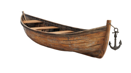 Old Wooden Boat with Anchor isolated on transparent white background, clipping path