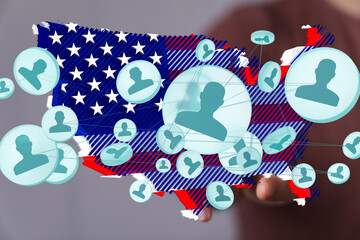 Fototapeta premium Visual representation of social media network across the United States. Ideal for articles on social trends, connectivity, and demographics.