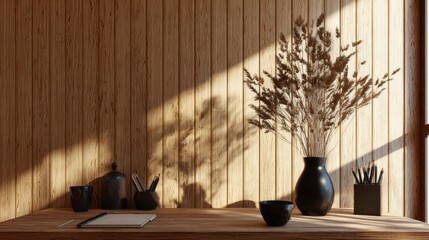 Serene minimalist wooden-paneled room bathed in warm golden sunlight, featuring black-themed table arrangement with mug, container, geometric holder, vase, bowl, and spiral-bound notebook.