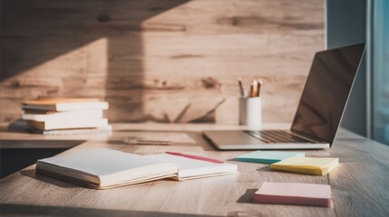 Organized wooden desk workspace bathed in warm sunlight with sleek silver laptop, white cup of writing utensils, open notebook, red pen, pastel sticky notes, and stacked colorful books.