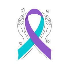 Suicide prevention ribbon with hands holding line drawing, hope and support symbol.