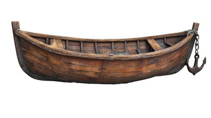 Old Wooden Boat with Anchor isolated on transparent white background, clipping path
