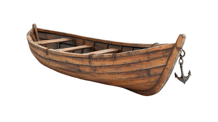 Old Wooden Boat with Anchor isolated on transparent white background, clipping path