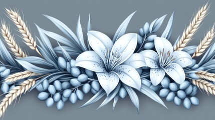 Delicate floral arrangement with lilies, wheat, and berries.