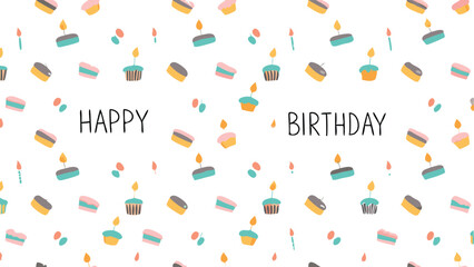 A happy birthday themed background with cupcakes and candles scattered across a white canvas and text overlay