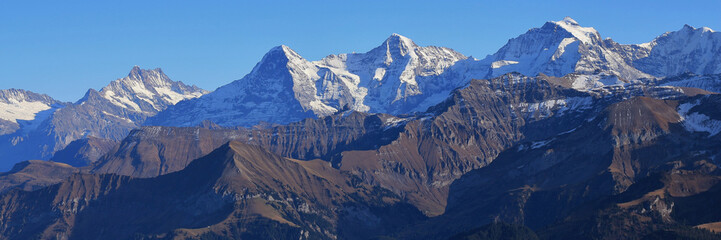 Famous mountain range Eiger, Monch and Jungfrau, Switzerland.
