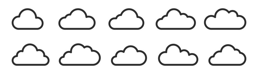 Cloud icon set. Line art cloud flat design. Weather, sky, climate, atmosphere. Vector illustration and png transparent