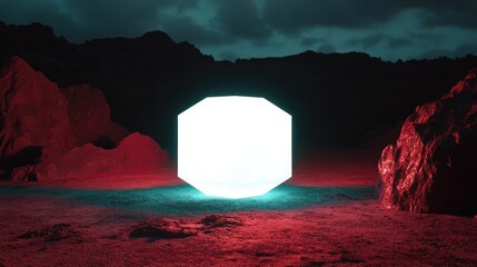 Glowing cube in a desert landscape at night.