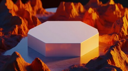 White octagonal podium amidst a landscape of textured hills.