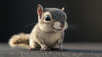 Obraz premium Adorable tiny squirrel with large eyes sitting on dark surface with black background, close-up portrait of cute small rodent explo nature, detailed fur texture