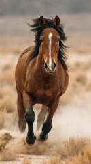 Obraz premium Majestic brown horse galloping through dusty landscape in late afternoon sunlight
