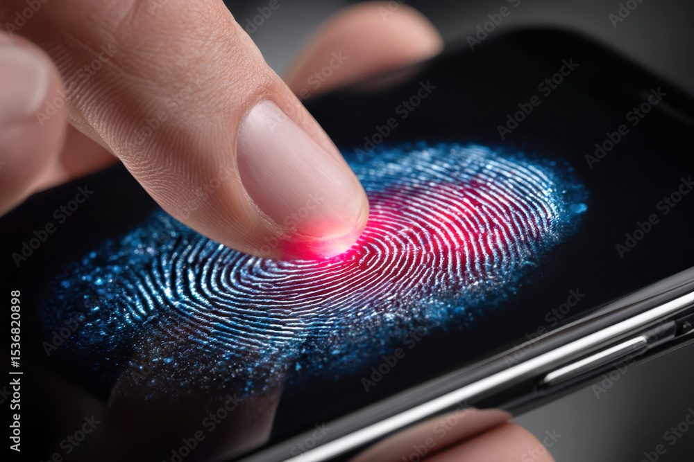 Poster finger touching smartphone screen for fingerprint recognition in a modern technology setting