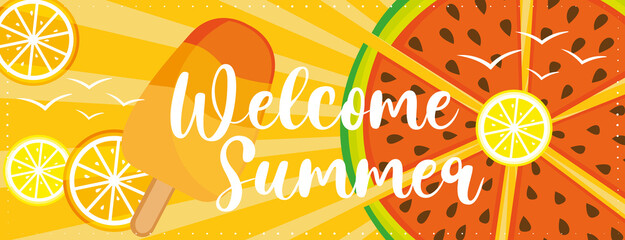 Colorful welcome summer vacation banner with fruits and ice cream. Hand drawn illustration. 