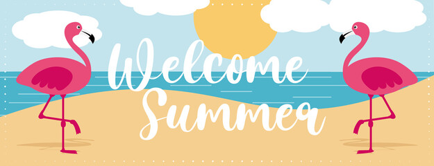 Colorful welcome summer vacation banner with flamingos on the beach. Hand drawn illustration. 