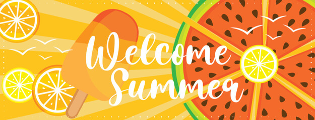 Colorful welcome summer vacation banner with fruits and ice cream. Hand drawn vector illustration. 