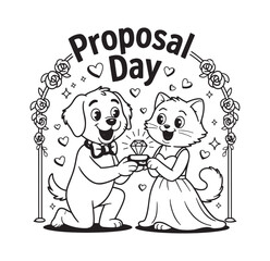 Romantic dog and cat proposal day coloring page vector illustration