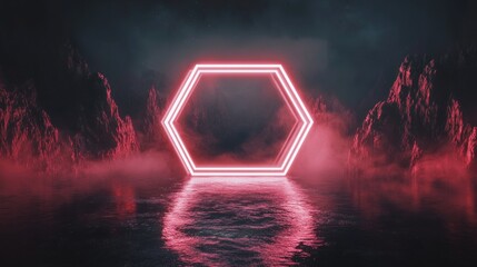 Hexagonal neon light frame in a misty landscape.