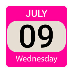 09 July, Wednesday ,Date template, Useful design for calendar or event promotion