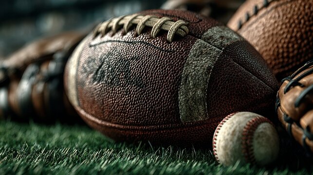 Footballs and a baseball rest on green grass in a sports setting during an afternoon practice session