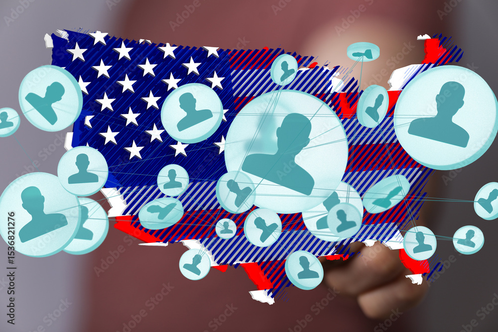 Poster image depicting a network of social media users across the usa. ideal for social media, technology, 