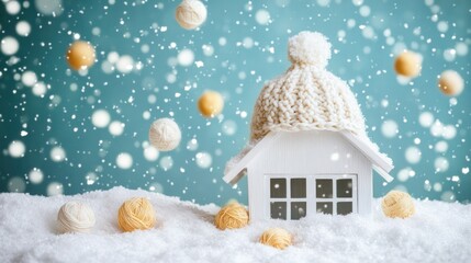 A miniature house adorned with a knitted hat sits in the snow.