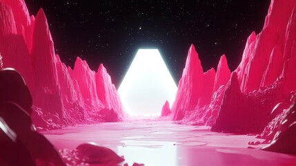 Pink, textured mountains and a white, geometric structure.