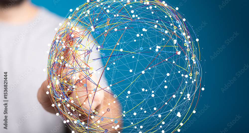 Poster Abstract image depicting global connectivity, data flow, and networking technology.
