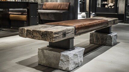 Rustic wooden bench with leather seat, supported by stone blocks and metal supports