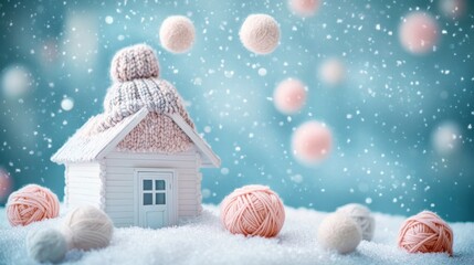 Miniature wooden house adorned with knitted hat, surrounded by yarn balls in a snowy scene.