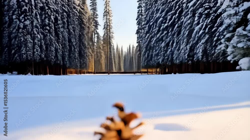 Poster close-up of a pine cone resting on a surface covered in fresh white snow, illuminated by sunlight an