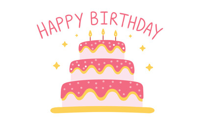 A three tiered pink birthday cake with candles and happy birthday text and stars on a white background