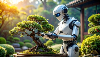 Autonomous gardening robot meticulously pruning bonsai trees in a tranquil zen garden space