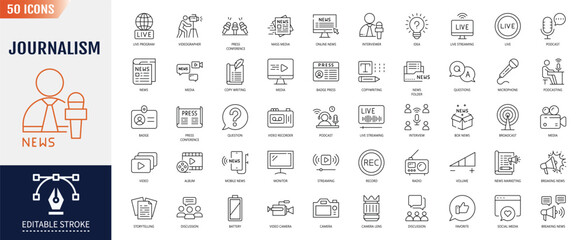 Journalism line icon set. Containing journalist, press, news, reporter, podcast, microphone, interview, newspaper, and more. Editable stroke. Vector illustration