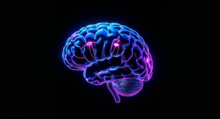 A digital rendering of a human brain with glowing blue and pink outlines against a black background