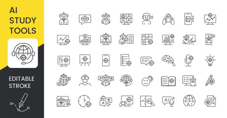 AI-powered study and education icons with editable stroke including smart quizzes, chatbot tutors, dashboards, mobile learning, voice assistants and digital classrooms in clean line style