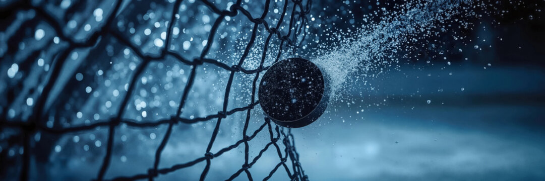 Hockey puck hitting net with ice shards flying, frozen in mid-air, dramatic low angle close-up, cold blue lighting, intense goal moment in professional winter sports competition scene