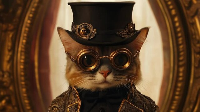 Cat in steampunk style with top hat and goggles, vintage costume, framed portrait on warm background
