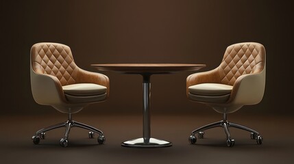 Two light brown leather chairs and a light brown table in a dark brown room