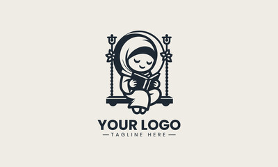 Smiling young Muslim girl in hijab joyfully reading a storybook on a playful wooden swing vector logo cartoon design