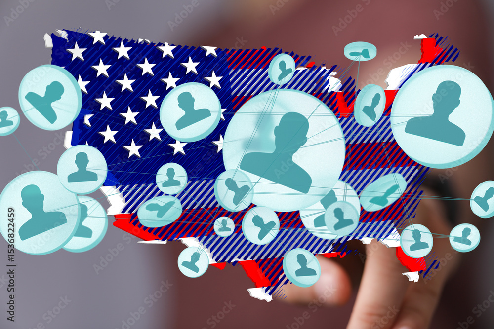 Poster visual representation of social connections across the united states. network map overlayed on us fl