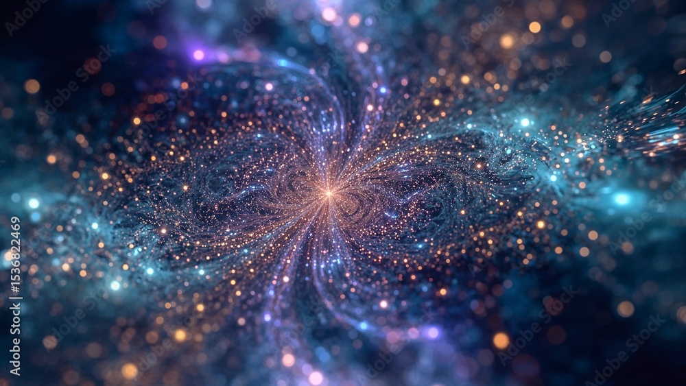 Poster a swirling vortex of blue and gold light with a bright center and bokeh effect creating a cosmic sce