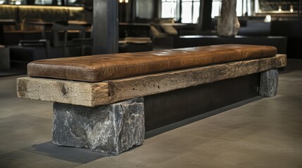 Rustic leather bench in modern space.  Wooden planks support a leather seat, resting on large stones.  Dark metal base