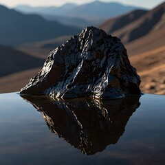 Obraz premium A dark, irregularly shaped, glossy, and possibly wet rock formation rising from a calm body of water, creating a clear reflection. The surrounding landscape features blurred, warm-toned hills or mount