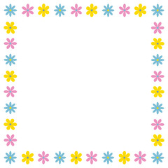 The frame is made in the form of a repeating pattern of flowers of different shapes and sizes, yellow, pink and blue.