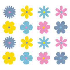 Vector set of flowers of different shapes and colors, yellow, pink and blue on a white background.