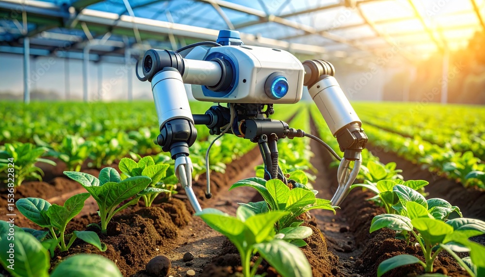 Poster autonomous precision agriculture robot operating efficiently within a lush greenhouse environment