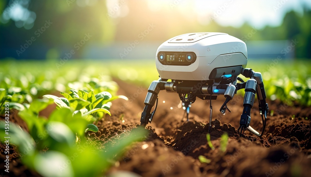 Poster autonomous precision agriculture robot in a field managing specific types of crop requirements