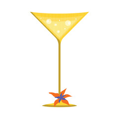 Illustration of a yellow glass with a drink on a thin stem with a blue and orange flower on a white background.