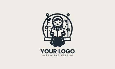 Smiling young Muslim girl in hijab joyfully reading a storybook on a playful wooden swing vector logo cartoon design